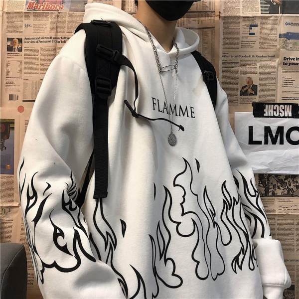 Y2k Unisex Flame Print Hoodie Casual Oversized Long Sleeve Loose Harajuku Sweatshirt