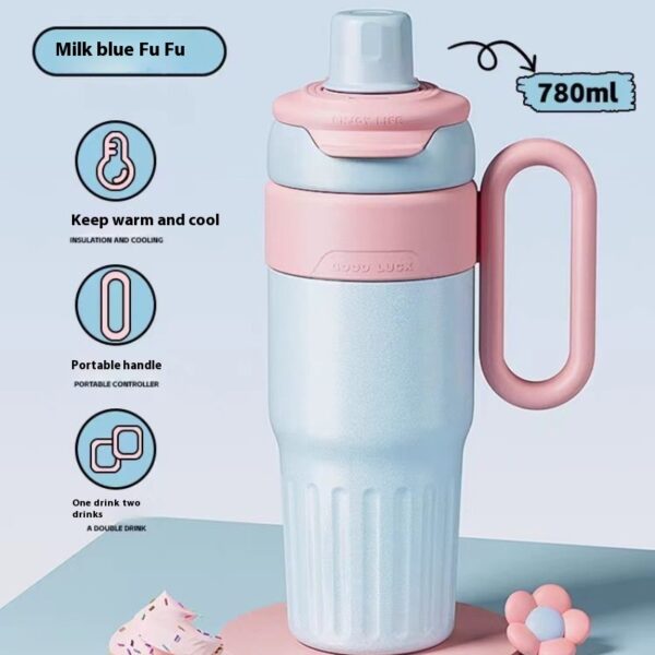 Good Luck Handle Thermos Cup - Stainless Steel Gradient 780ml Thermos Cup with Straw & Lid - Image 3