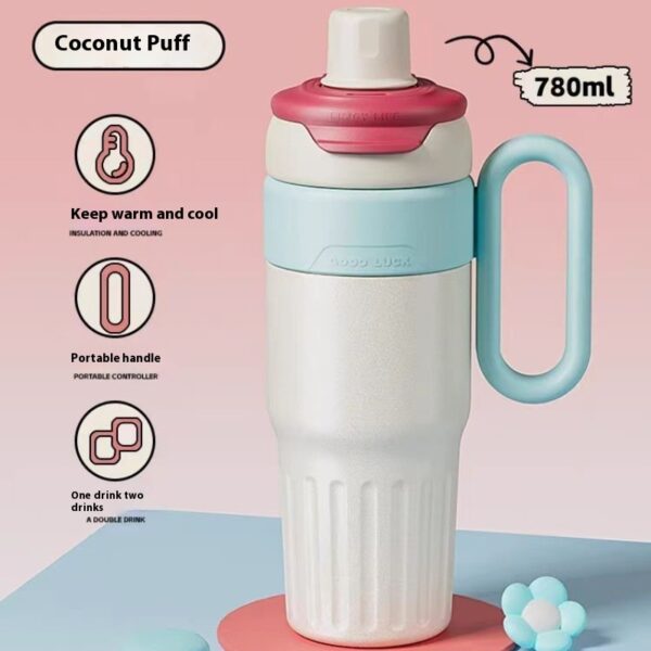 Good Luck Handle Thermos Cup - Stainless Steel Gradient 780ml Thermos Cup with Straw & Lid - Image 2