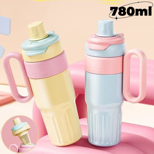 Good Luck Handle Thermos Cup - Stainless Steel Gradient 780ml Thermos Cup with Straw & Lid